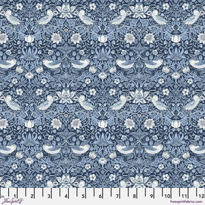 Beautiful Morris & co fabric is covered in traditional style leaves and flowers with birds and berries. Birds are cream and light blue surrounded by blue flowers. All on top of a navy-blue background. Very soft fabric - lightly colored, perfect for any kind of project!