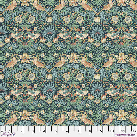 Beautiful Morris &amp; co fabric is covered in traditional style leaves and flowers with birds and berries. Birds are cream and blush surrounded by green, blue and red flowers. All on top of a navy blue background. Very soft fabric - lightly colored, perfect for any kind of project!