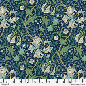 Beautiful Morris & co fabric is covered in traditional style leaves and flowers. Navy blues, sage greens, beiges and hints of golden yellow. This fabric features lilies and baroque curly leaves. 