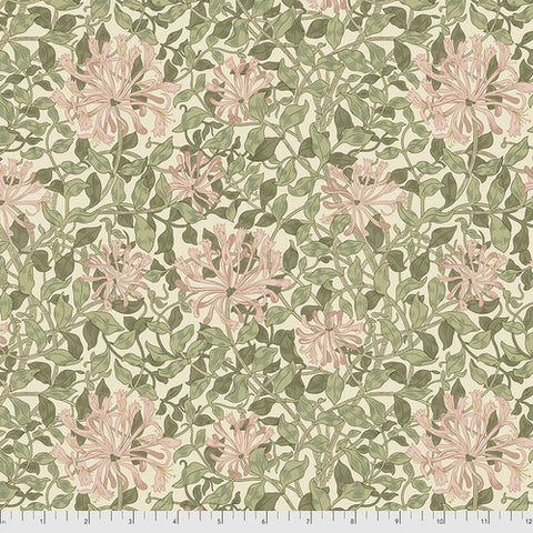 Beautiful Morris &amp; co fabric is covered in traditional style leaves and flowers. This fabric is busy and full of honeysuckle flowers. Large green leaves all over with big pink flowers. Very soft fabric - lightly colored, perfect for any kind of project!