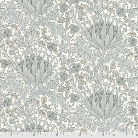 Beautiful Morris &amp; co fabric is covered in traditional style leaves and flowers. Cool colored slate grey with colored leaves and flowers. Background is a bright white. Very soft fabric - lightly colored, perfect for any kind of project!