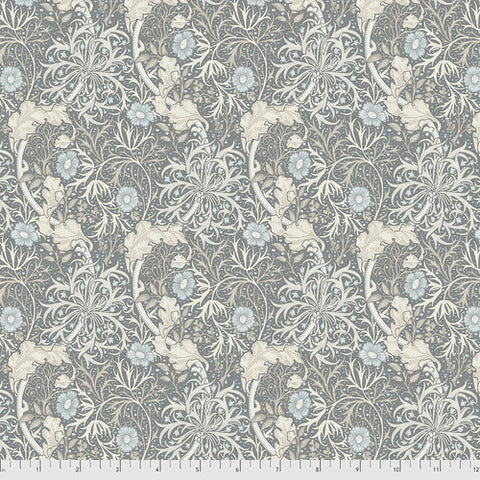 Beautiful Morris &amp; co fabric is covered in traditional style leaves and flowers. Cool colored slate color with pale blue flowers. The background is a slate blue color. Very soft fabric - lightly colored, perfect for any kind of project!
