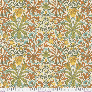 Beautiful Morris & co fabric is covered in traditional style leaves and flowers. This fabric is colorful with a muted palette. Umbers, greens, yellows, blues and whites. Very soft fabric - lightly colored, perfect for any kind of project!