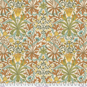 Beautiful Morris & co fabric is covered in traditional style leaves and flowers. This fabric is colorful with a muted palette. Umbers, greens, yellows, blues and whites. Very soft fabric - lightly colored, perfect for any kind of project!