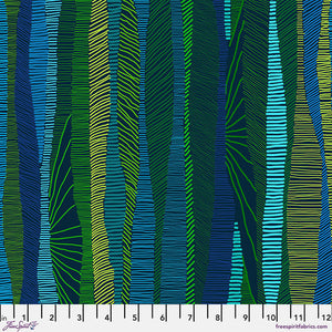 This fabric is from Freespirit and has different vertical stripes in blues and greens. The background is a navy blue color. 