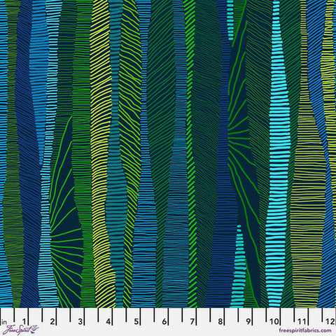 This fabric is from Freespirit and has different vertical stripes in blues and greens. The background is a navy blue color. 