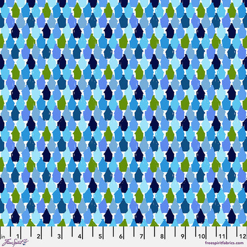 This fabric is from Freespirit and is covered in little colorful houses. Different blues and greens over a bright white background. 