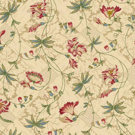 This fabric features traditional style flowers with a tan background. Scroll like vines throughout in a sage green color and red petals on the flowers. The background is a tan with a plaid like design. 