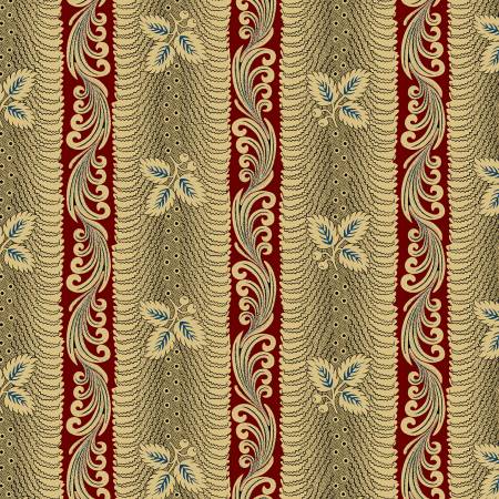 This fabric features traditional style stripes that are reminiscent of wallpaper. Beautiful reds, tans, blacks and a hint of blue. 
