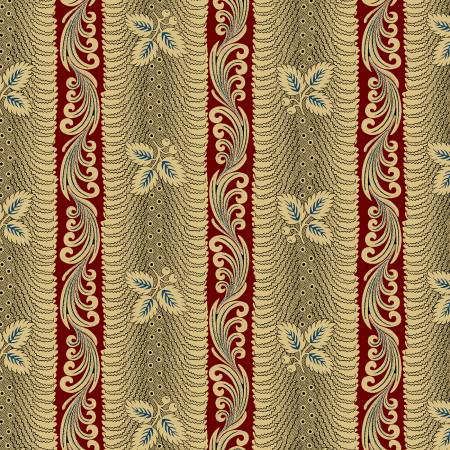 This fabric features traditional style stripes that are reminiscent of wallpaper. Beautiful reds, tans, blacks and a hint of blue. 
