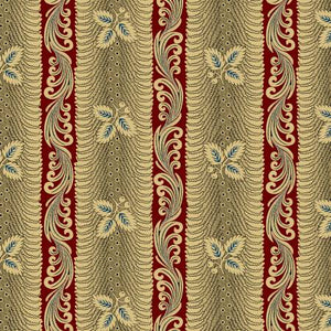 This fabric features traditional style stripes that are reminiscent of wallpaper. Beautiful reds, tans, blacks and a hint of blue. 
