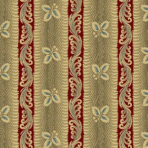 This fabric features traditional style stripes that are reminiscent of wallpaper. Beautiful reds, tans, blacks and a hint of blue. 