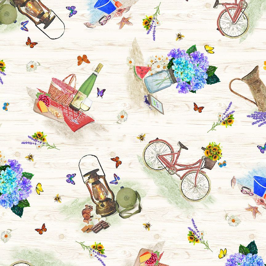 This fabric is special for the Row by Row shop hop! Full of different summer scenes like bikes, picnics, hydrangeas, pitchers, etc. Perfect for pairing with the other Row by Row fabrics!