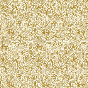 Delicate metallic gold floral printed on a white ground from Rifle Paper Co. basics collection.&nbsp; 100% Cotton, 44/5"