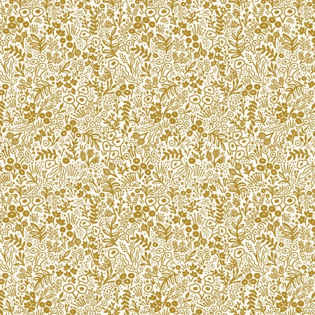 Delicate metallic gold floral printed on a white ground from Rifle Paper Co. basics collection.&nbsp; 100% Cotton, 44/5"