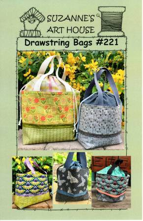 This pattern has two sizes of drawstring bags to choose from. Large: 14"x14"x6" and the medium size: 10"x10"x5". The large bag, 14"x14"x6" can carry lots. Stuff it full of quilting projects, supplies, and fabrics to take to your sewing class or retreat. It makes a great beach bag to hold all your valuables safe from the sand.