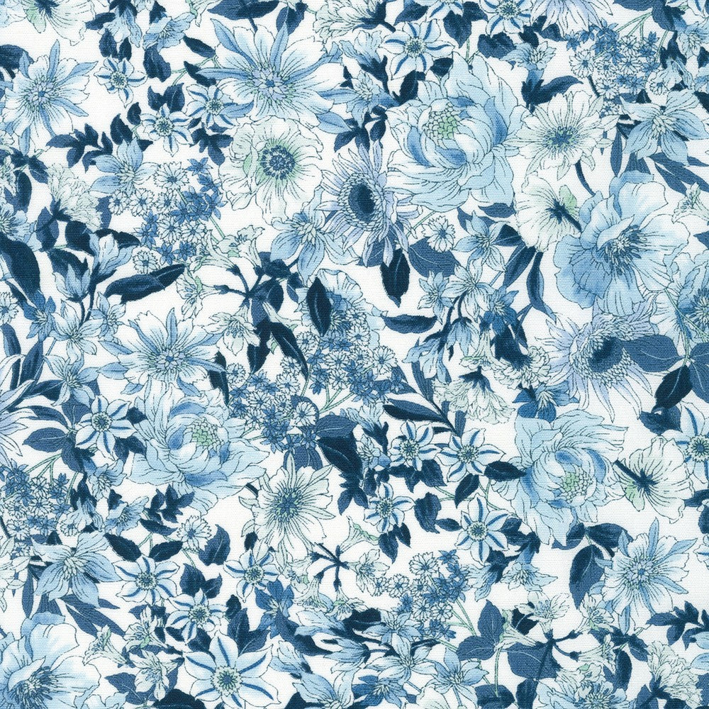 This fabric is a small blue floral over a white background. This fabric consists of navy blue and light blues. It is a beautiful light weight fabric.  100% cotton 43"/44"
