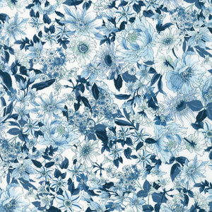 This fabric is a small blue floral over a white background. This fabric consists of navy blue and light blues. It is a beautiful light weight fabric.  100% cotton 43"/44"