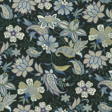 This fabric is a paisley floral. This fabric consists of navy blue, light blues, whites, tan, grey and a little bit of purple. It is a beautiful light weight fabric.