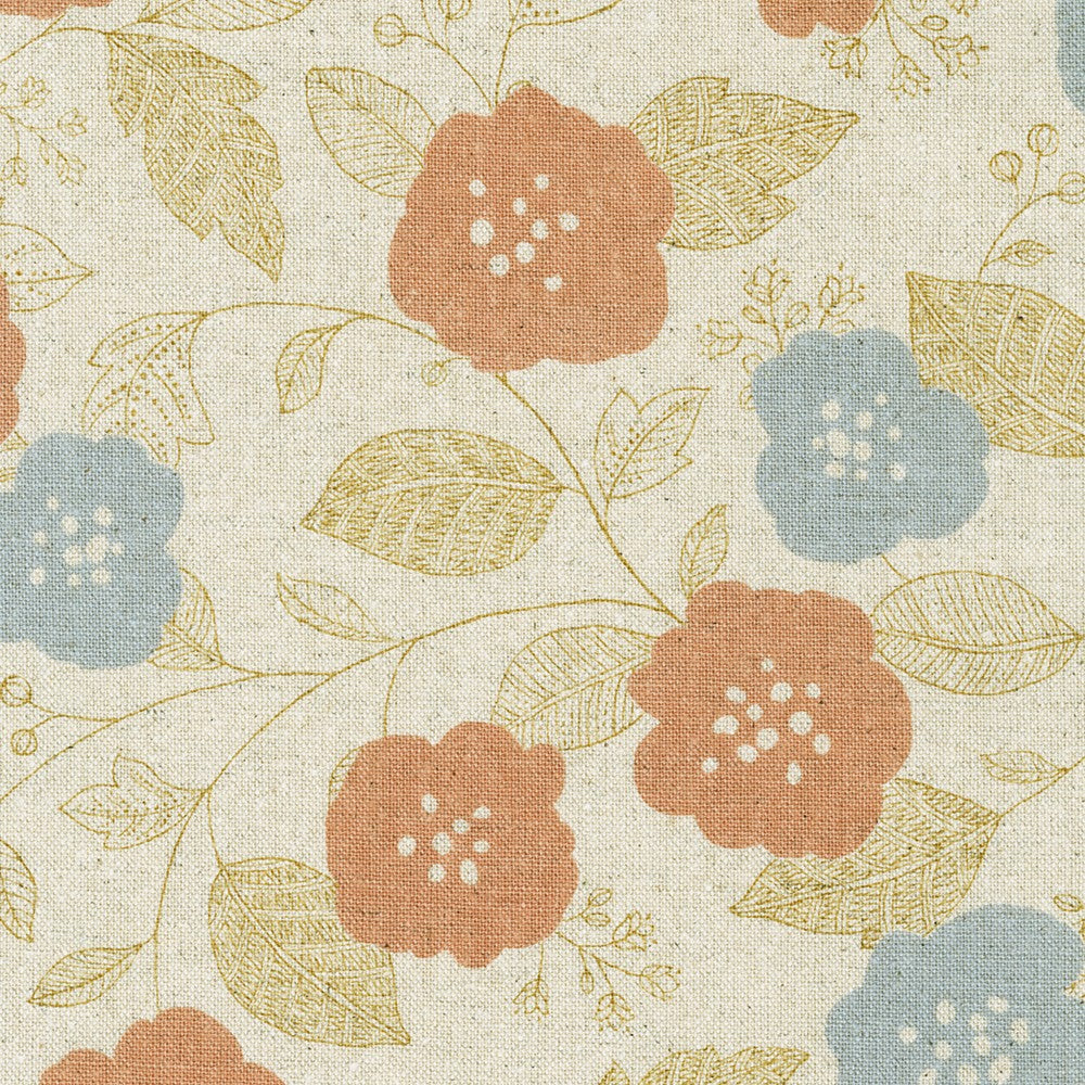 This beautiful fabric is a mix of cotton and flax. This gives it a textured hand and more natural appearance. The fabric is covered in rusty orange and grey blue flowers with tan leaves and branches. This fabric would be great for bags, clothing, pillows, etc. 