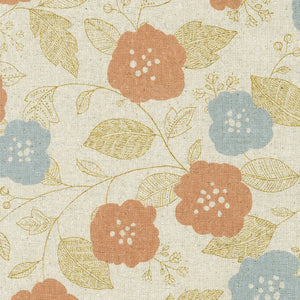 This beautiful fabric is a mix of cotton and flax. This gives it a textured hand and more natural appearance. The fabric is covered in rusty orange and grey blue flowers with tan leaves and branches. This fabric would be great for bags, clothing, pillows, etc. 