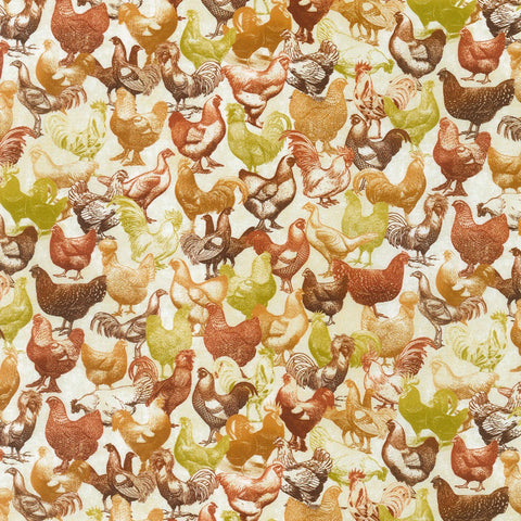 This fabric is covered in chickens! The background is beige, and the chickens are rusty red, orange, mustard yellow and browns. 