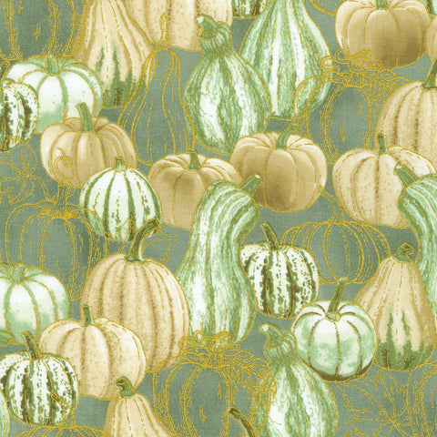 This fabric is covered in pretty pumpkins and gourds with ivory, sage and hints of gold! Beautiful for autumn. 