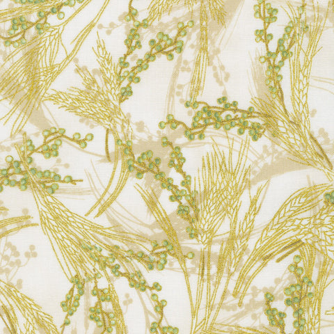 This fabric is covered in pretty branches and wheat stalks. Bright ivory background with hints of greens and gold. 