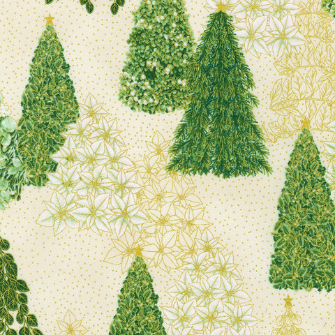 This fabric is a holiday fabric and is covered in detailed trees with stars on top as well as little bits of gold all around. 100% Cotton, 43/44in