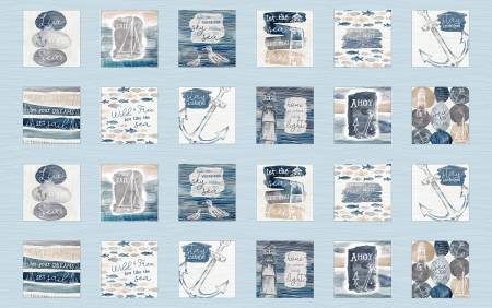 This fabric is from P & B Textiles designed by Jetty Home for the Set Sail Collection. This fabric has little blocks on it that have nautical imagery in them. Watercolor style with painterly qualities in the designs. 
