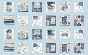 This fabric is from P & B Textiles designed by Jetty Home for the Set Sail Collection. This fabric has little blocks on it that have nautical imagery in them. Watercolor style with painterly qualities in the designs. 