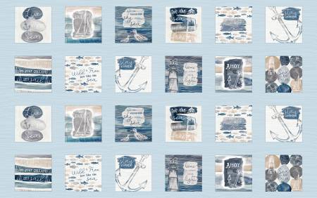 This fabric is from P & B Textiles designed by Jetty Home for the Set Sail Collection. This fabric has little blocks on it that have nautical imagery in them. Watercolor style with painterly qualities in the designs. 
