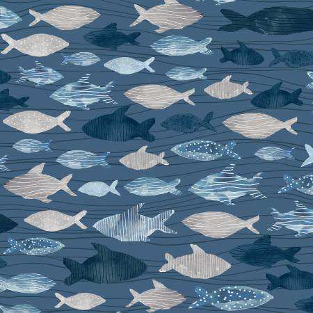 This fabric is from P & B Textiles designed by Jetty Home for the Set Sail Collection. This fabric is a denim blue with little fish horizontally lined throughout. 