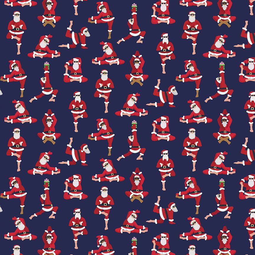 From Dear Stella this fabric is covered in Santas doing yoga! The Santas are all in different poses and some are even holding presents. This fabric has a dark navy-blue background.