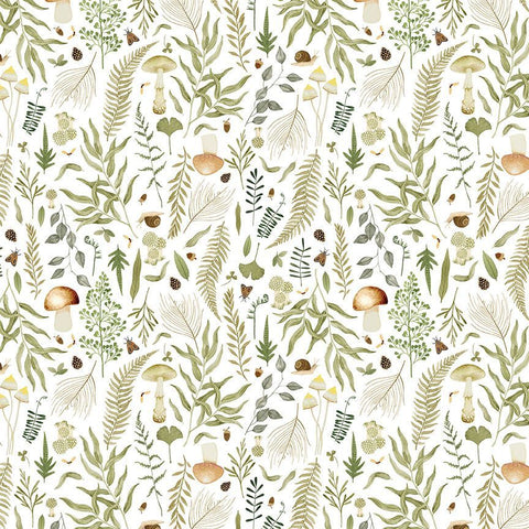 From Dear Stella, this fabric is covered in greenery and mushrooms with little snails and moths floating around. Light minty and sage green leaves over a bright white background. 