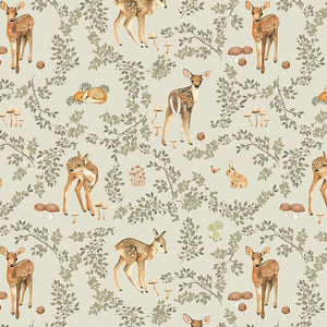 From Dear Stella, This fabric is covered in baby deer, foxes, bunnies and mushrooms. Light minty green background with greenery surrounding the animals. 