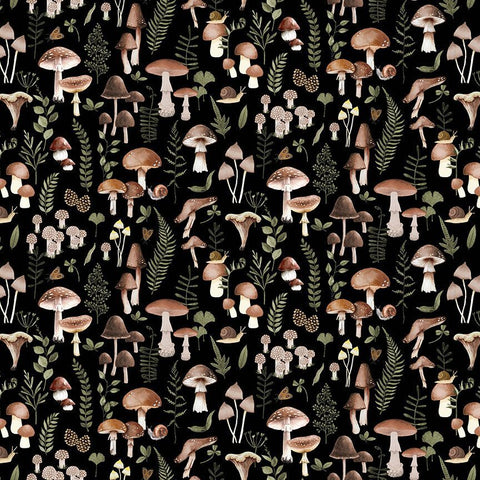 From Dear Stella, Shitake Happens - This fabric is covered in mushrooms over a black background with ferns and other greenery surrounding it. 