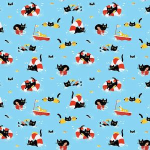 From Dear Stella, this fabric is too cute! Covered in cats at sea. Boats, floaties, fishies, and more.