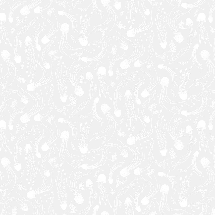 From Dear Stella this fabric is covered in jellyfish. The jellyfish give great movement to this fabric. This fabric is a white on white and the graphics have a little sheen to it so you can see it in the light. 