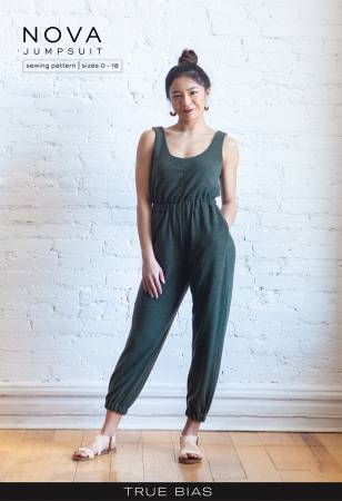 The Nova pattern is a knit jumpsuit with four views. All views have a fully faced neckline and armholes. Views A and B have a wide elastic waistband and inseam pockets. Views C and D have a straight fit through the waist and attached front pockets. Views A and C are a short romper length while Views B and D are long with an elastic casing at the ankle.