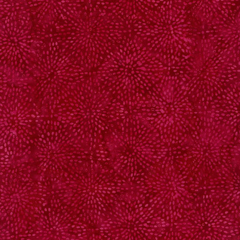 This batik is bright red with small dots that look like fireworks all over the fabric. 100% Cotton, 44/5"