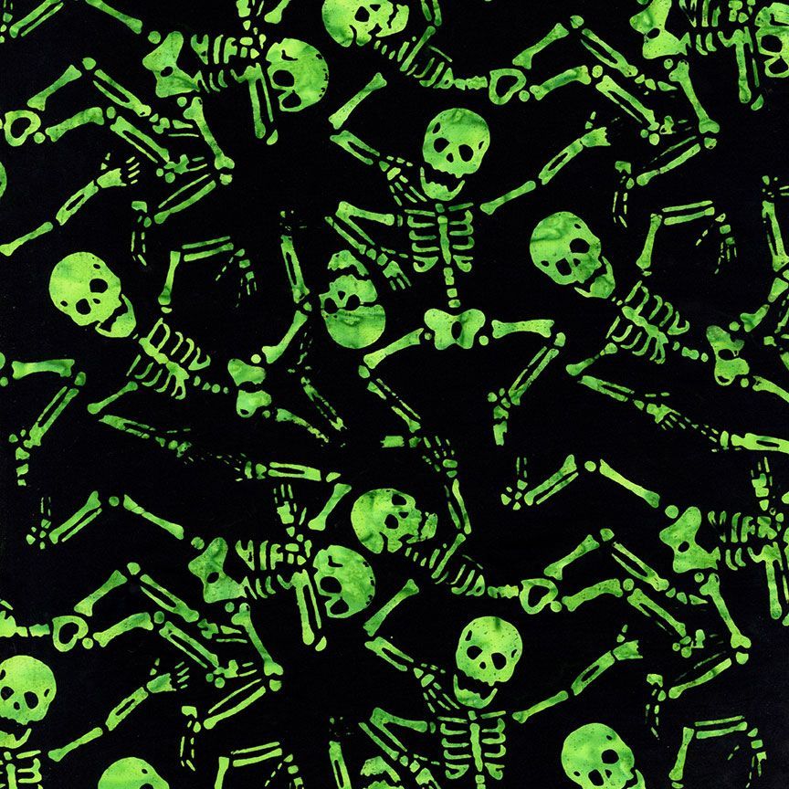 A black background with lime green skeletons dancing all over. From the Tonga Spell bound Collection for Timeless Treasures. 100% Cotton, 44/45" wide.