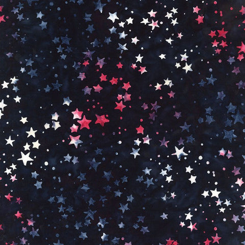 This batik is a dark navy blue with little stars scattered throughout. Stars are red white and blue.  100% Cotton, 44/5"