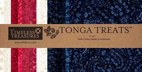 This charm pack is full reds, whites and blues. From Timeless Treasures - Tonga Treats, 5" x 5" charm pack - 42 pieces 100% cotton. 