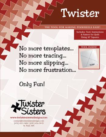 Create big pinwheels by simply sewing squares together! This large twister size is perfect for 10in square packs or cut up your stash into 10in squares. Tool measures 8in square and makes 15in finished pinwheels.  Product includes tool, instructions for use, and quilt pattern for 64in x 64in throw like the example quilt photo shown here which was made with (36) 10in squares (from one layer cake), 1-1/4 yards background fabric, and 1-1/4 yards wide border fabric.