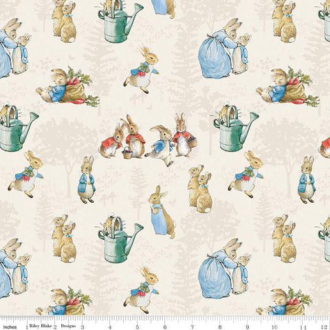 This fabric is from Riley Blake and is covered in little illustrated scenes from The Tales of Peter Rabbit. Cream/Ivory background.&nbsp;