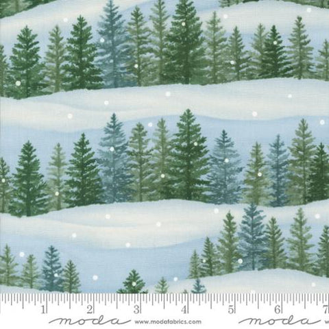 Wintery scene of evergreen trees and snowy hills. Greens, blues, and whites with bright white snowflakes tossed all over.&nbsp;&nbsp;