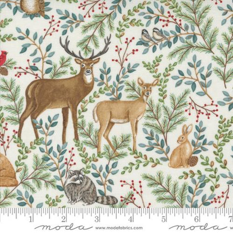 Wintery scene with animals tossed all over, surrounded by greenery and berries. Bright white background.&nbsp;
