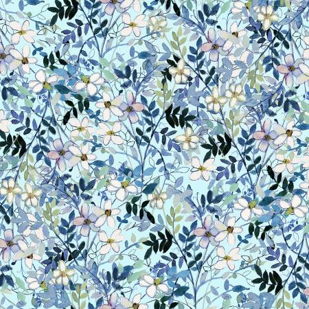 This fabric is from Clothworks designed by Sue Zipkin for the Blue Meadow Collection. This fabric is a wildflower toss on a light blue background. 