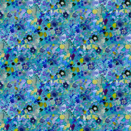 This fabric is from Clothworks designed by Sue Zipkin for the Blue Meadow Collection. This fabric is an abstract floral toss on a bright blue background. Hints of greens, purples, yellow and blues. 